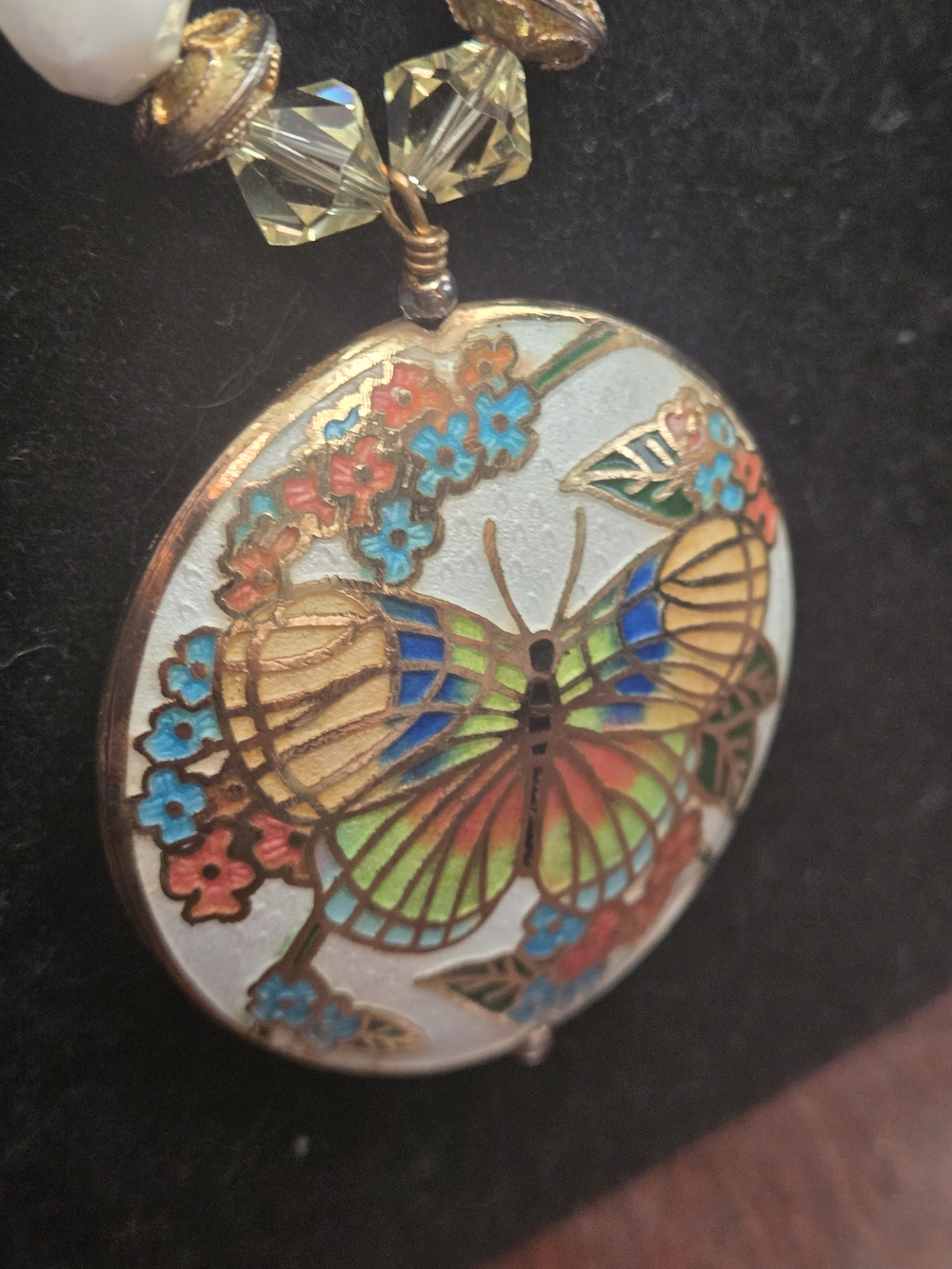 Vintage Cloisonné Butterfly Motif Pendant Necklace, Cloisonne And Stone Beads - Picture 8 of 13